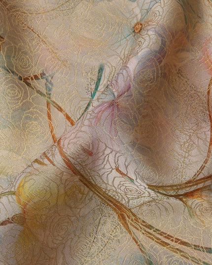 Beige Multicolor Floral Printed Synthetic Satin Fabric, 110 Cms Width, Made in India-D26240