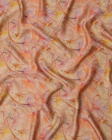 Peach Multicolor Floral Printed Synthetic Satin Fabric, 110 Cms Width, Made in India-D26242