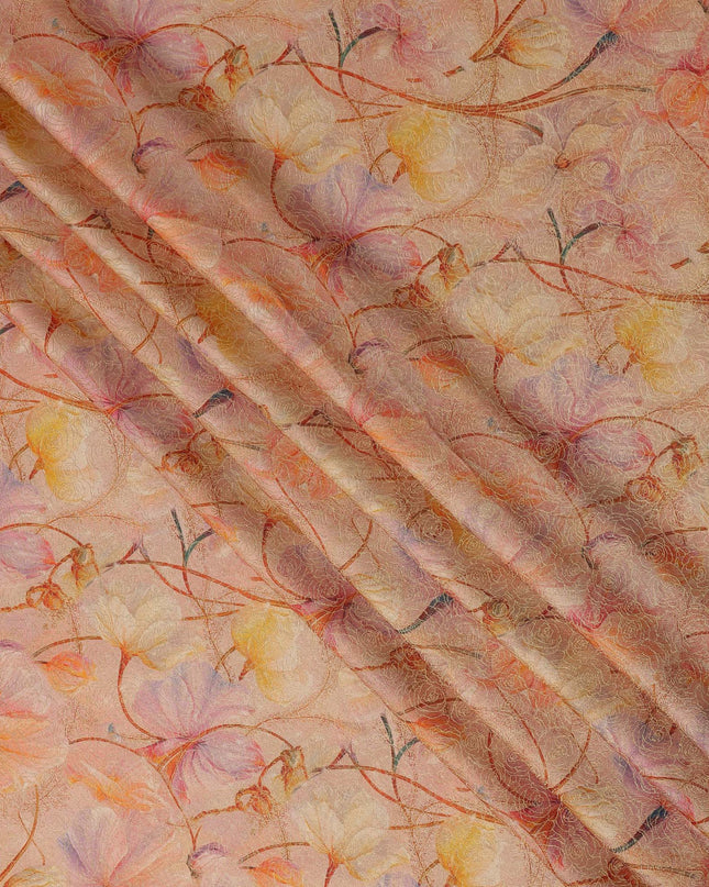 Peach Multicolor Floral Printed Synthetic Satin Fabric, 110 Cms Width, Made in India-D26242
