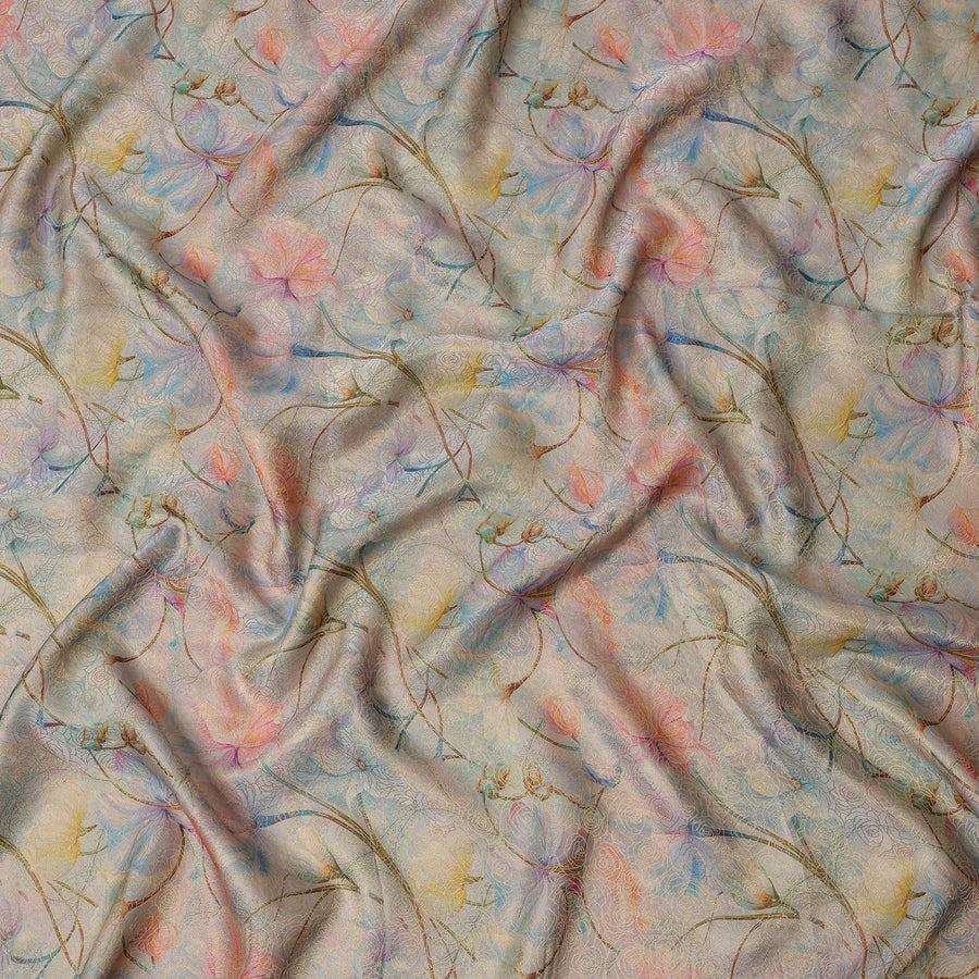 Light Blue Multicolor Floral Printed Synthetic Satin Fabric, 110 Cms Width, Made in India-D26241