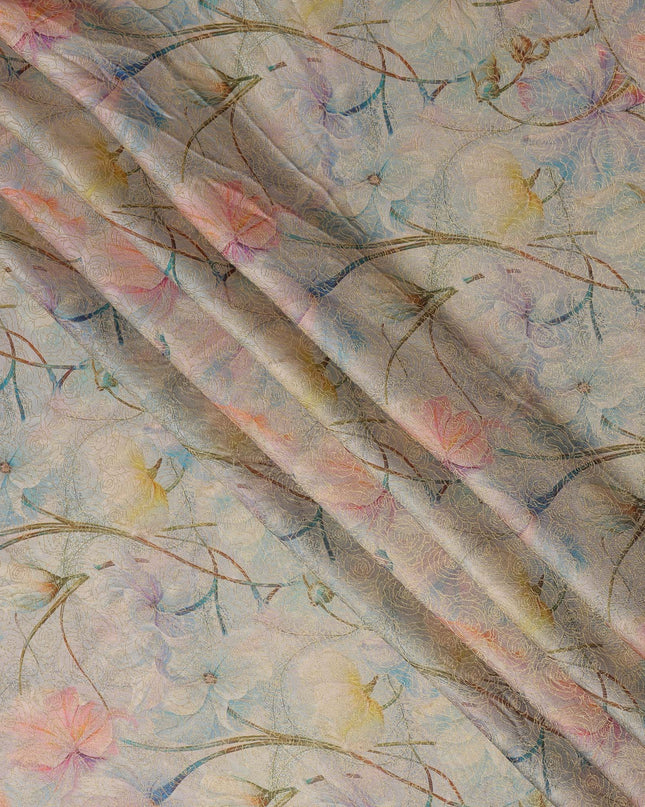 Light Blue Multicolor Floral Printed Synthetic Satin Fabric, 110 Cms Width, Made in India-D26241