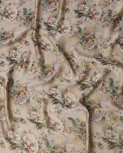 Beige Vintage Floral Print Viscose Brocade Fabric with Soft Pastel Rose Design, Width 110 Cms, Made in India-D26534