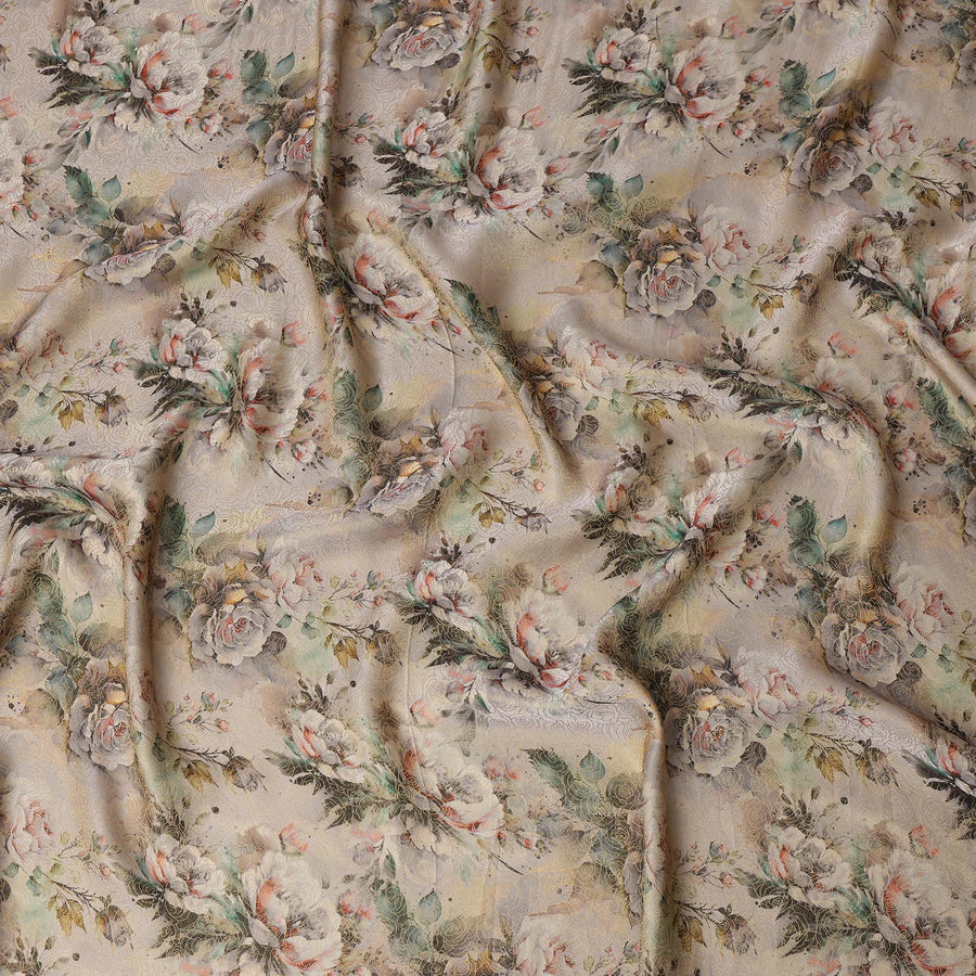 Beige Vintage Floral Print Viscose Brocade Fabric with Soft Pastel Rose Design, Width 110 Cms, Made in India-D26534