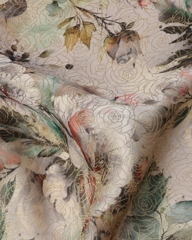 Light Beige and Green Floral Printed Viscose Fabric, 110 Cms Width, Made in India-D26359
