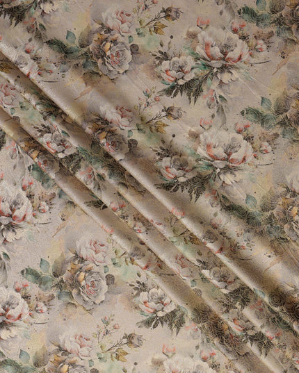 Light Beige and Green Floral Printed Viscose Fabric, 110 Cms Width, Made in India-D26359