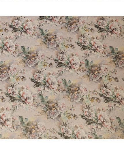 Beige Vintage Floral Print Viscose Brocade Fabric with Soft Pastel Rose Design, Width 110 Cms, Made in India-D26534