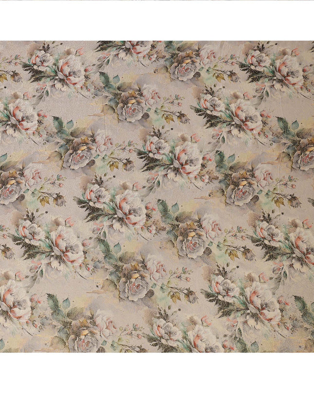 Beige Vintage Floral Print Viscose Brocade Fabric with Soft Pastel Rose Design, Width 110 Cms, Made in India-D26534