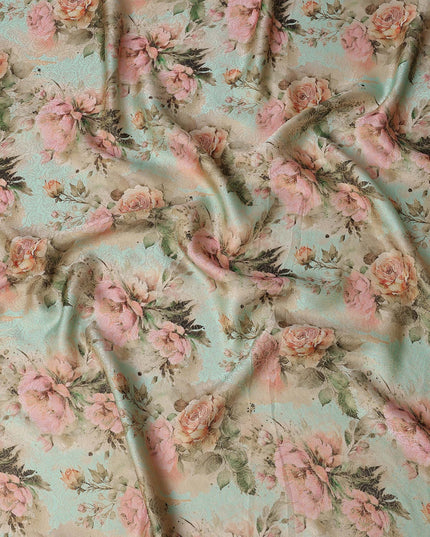 Mint Green and Pink Floral Printed Viscose Fabric, 110 Cms Width, Made in India-D26357