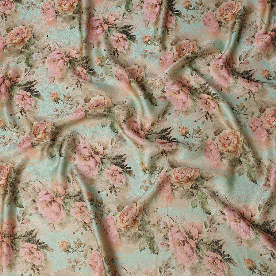 Mint Green Floral Digital Print Viscose Modal Satin Fabric 110 Cms Width India-D27723