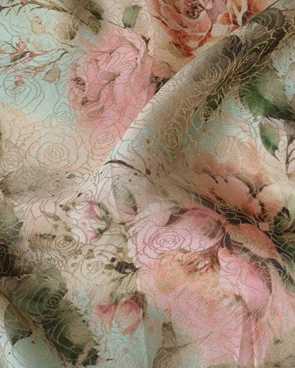 Mint Green Vintage Floral Print Viscose Brocade Fabric with Pastel Rose Design, Width 110 Cms, Made in India-D26535