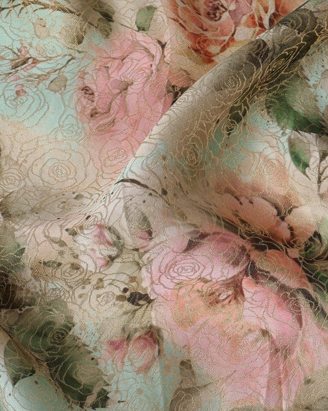 Mint Green Vintage Floral Print Viscose Brocade Fabric with Pastel Rose Design, Width 110 Cms, Made in India-D26535