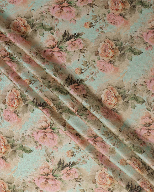 Mint Green and Pink Floral Printed Viscose Fabric, 110 Cms Width, Made in India-D26357
