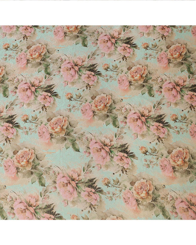 Mint Green and Pink Floral Printed Viscose Fabric, 110 Cms Width, Made in India-D26357