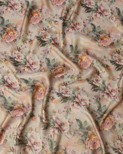 Beige and Peach Floral Printed Viscose Fabric, 110 Cms Width, Made in India-D26358