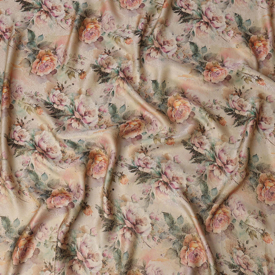 Beige and Peach Floral Printed Viscose Fabric, 110 Cms Width, Made in India-D26358