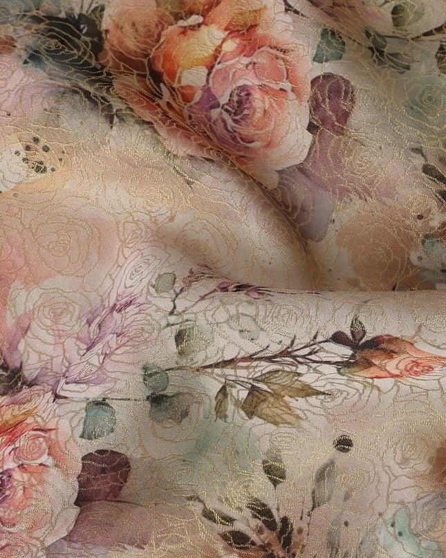 Beige Floral Print Viscose Brocade Fabric with Pastel Rose Design, Width 110 Cms, Made in India-D26533