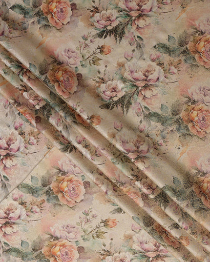 Beige Floral Print Viscose Brocade Fabric with Pastel Rose Design, Width 110 Cms, Made in India-D26533
