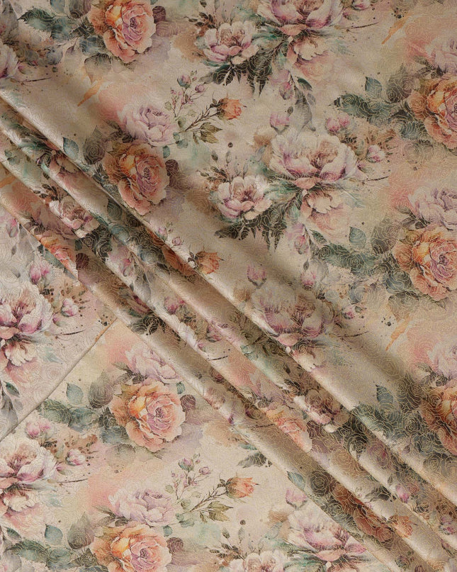 Beige and Peach Floral Printed Viscose Fabric, 110 Cms Width, Made in India-D26358