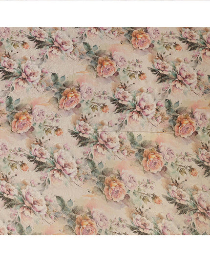 Beige Floral Print Viscose Brocade Fabric with Pastel Rose Design, Width 110 Cms, Made in India-D26533