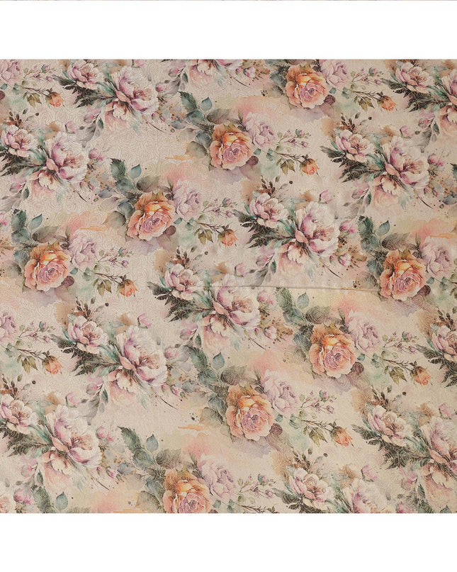 Beige Floral Print Viscose Brocade Fabric with Pastel Rose Design, Width 110 Cms, Made in India-D26533