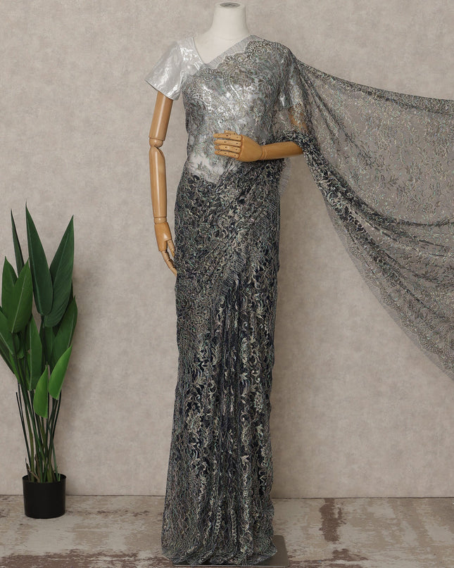 Iridescent Blue Silver Premium French Metallic Chantilly Lace Saree – 5.5 Meters Fabric Length, Width 110 cm, Imported from France  & Blouse Not Included-D26569