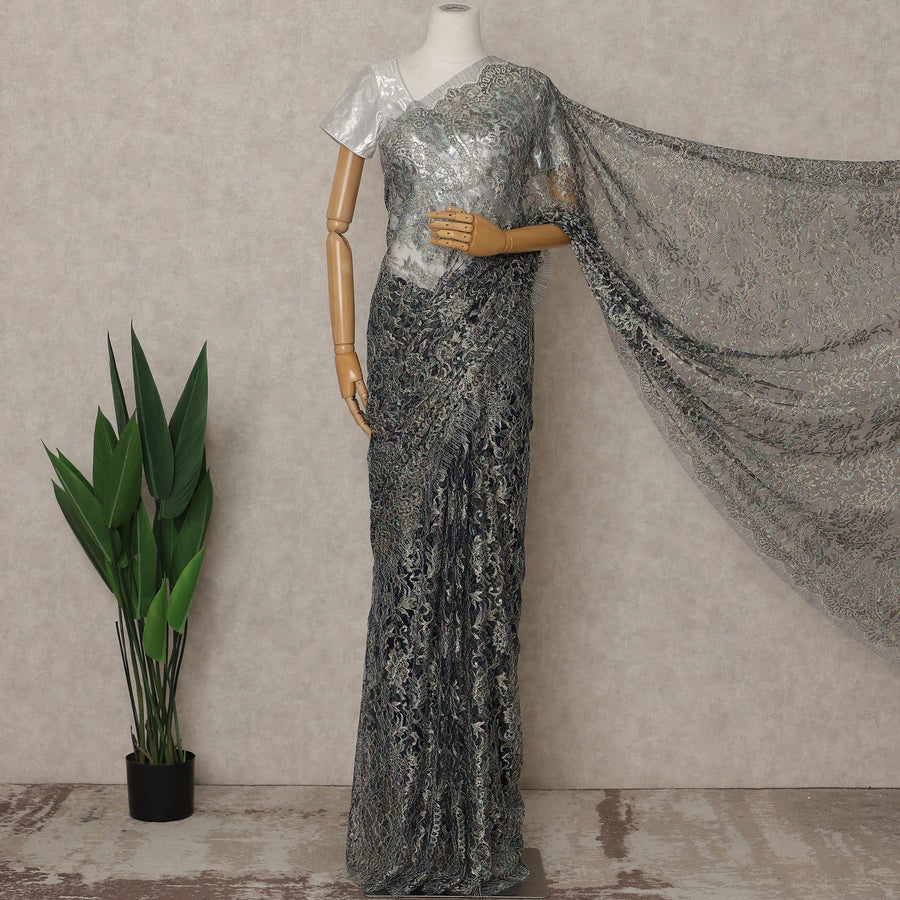 Iridescent Blue Silver Premium French Metallic Chantilly Lace Saree – 5.5 Meters Fabric Length, Width 110 cm, Imported from France  & Blouse Not Included-D26569