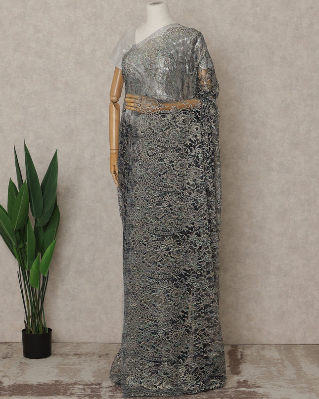 Iridescent Blue Silver Premium French Metallic Chantilly Lace Saree – 5.5 Meters Fabric Length, Width 110 cm, Imported from France  & Blouse Not Included-D26569