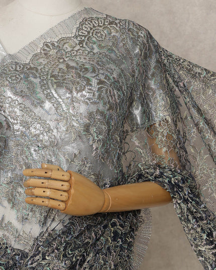 Iridescent Blue Silver Premium French Metallic Chantilly Lace Saree – 5.5 Meters Fabric Length, Width 110 cm, Imported from France  & Blouse Not Included-D26569