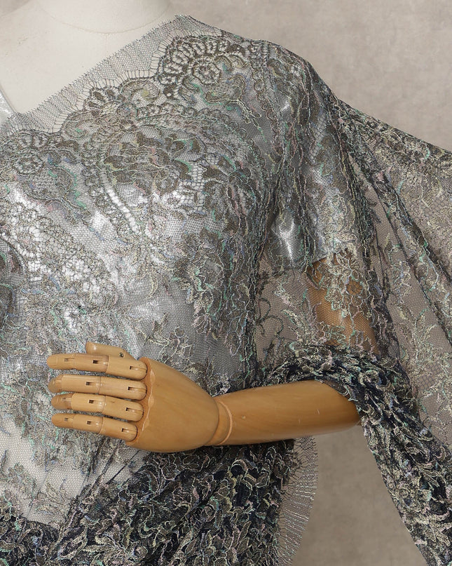 Iridescent Blue Silver Premium French Metallic Chantilly Lace Saree – 5.5 Meters Fabric Length, Width 110 cm, Imported from France  & Blouse Not Included-D26569