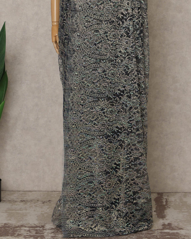 Iridescent Blue Silver Premium French Metallic Chantilly Lace Saree – 5.5 Meters Fabric Length, Width 110 cm, Imported from France  & Blouse Not Included-D26569