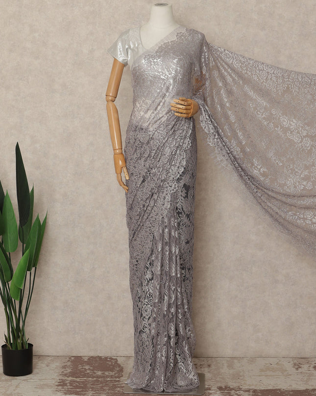 Silver Grey Metallic French Chantilly Saree Lace Elegant Floral Net Design 5.5 Mtrs Length 110 Cms Width Premium Soft Sheer Fabric France Origin-D28917 Regal Fabrics