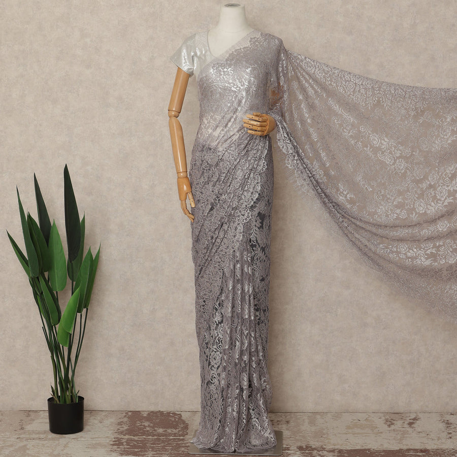 Silver Grey Metallic French Chantilly Saree Lace Elegant Floral Net Design 5.5 Mtrs Length 110 Cms Width Premium Soft Sheer Fabric France Origin-D28917 Regal Fabrics