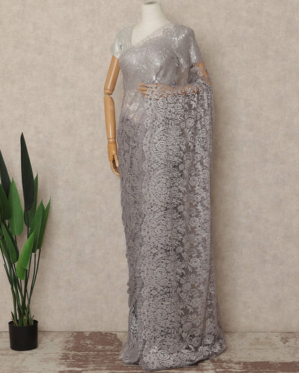 Silver Grey Metallic French Chantilly Saree Lace Elegant Floral Net Design 5.5 Mtrs Length 110 Cms Width Premium Soft Sheer Fabric France Origin-D28917 Regal Fabrics