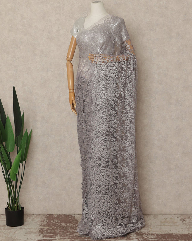 Silver Grey Metallic French Chantilly Saree Lace Elegant Floral Net Design 5.5 Mtrs Length 110 Cms Width Premium Soft Sheer Fabric France Origin-D28917 Regal Fabrics