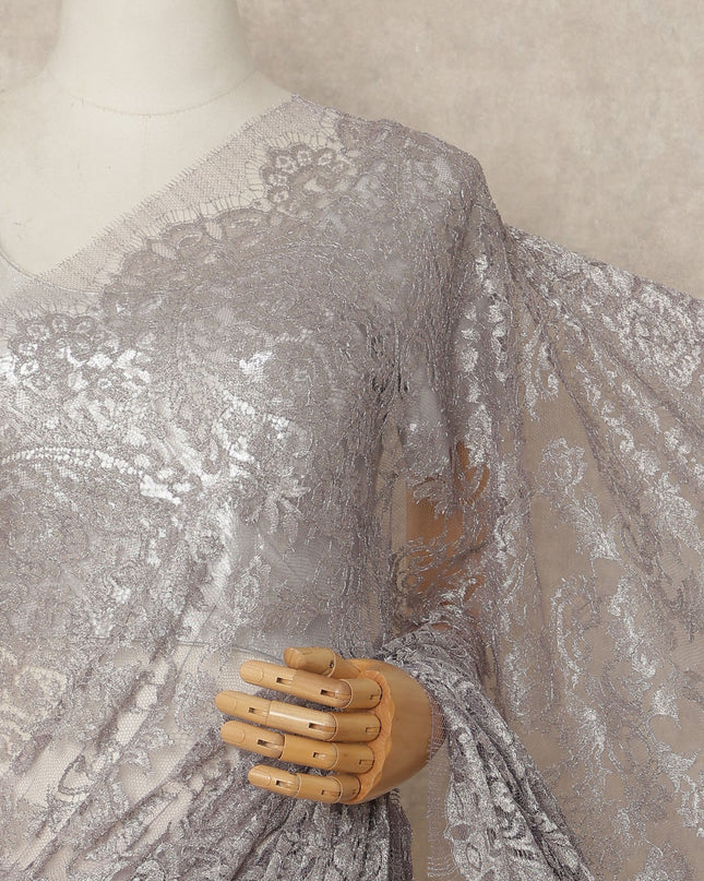 Silver Grey Metallic French Chantilly Saree Lace Elegant Floral Net Design 5.5 Mtrs Length 110 Cms Width Premium Soft Sheer Fabric France Origin-D28917 Regal Fabrics