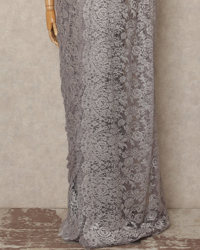 Silver Grey Metallic French Chantilly Saree Lace Elegant Floral Net Design 5.5 Mtrs Length 110 Cms Width Premium Soft Sheer Fabric France Origin-D28917 Regal Fabrics