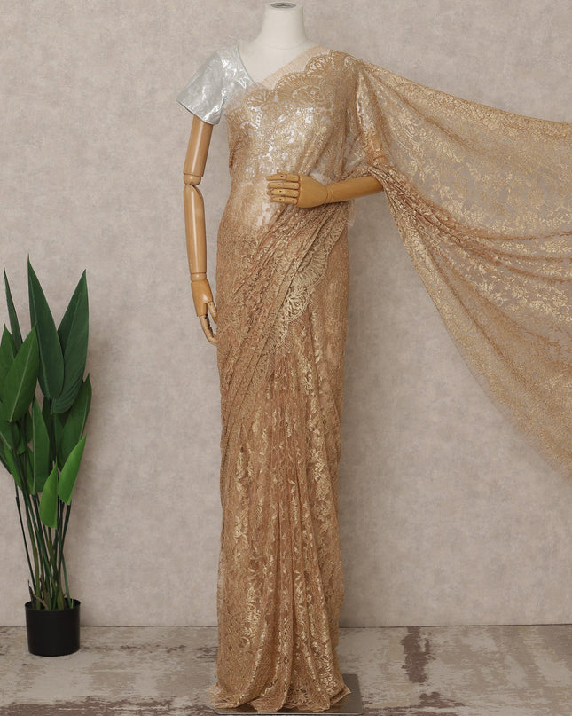 Golden Beige Premium French Metallic Chantilly Lace Saree – 5.5 Meters Fabric Length, Width 110 cm, Imported from France  & Blouse Not Included-D26573