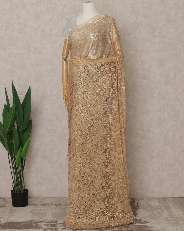 Golden Beige Premium French Metallic Chantilly Lace Saree – 5.5 Meters Fabric Length, Width 110 cm, Imported from France  & Blouse Not Included-D26573