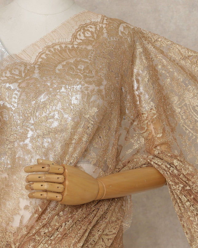 Golden Beige Premium French Metallic Chantilly Lace Saree – 5.5 Meters Fabric Length, Width 110 cm, Imported from France  & Blouse Not Included-D26573