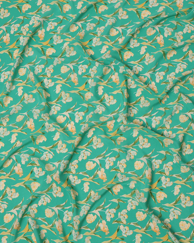 Green Floral Printed Premium Pure Silk Crepe Fabric with Elegant Yellow Blossom Design, 110 cms Width, Made in India-D26319