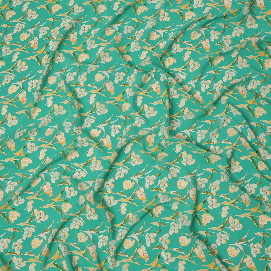 Green Floral Printed Premium Pure Silk Crepe Fabric with Elegant Yellow Blossom Design, 110 cms Width, Made in India-D26319