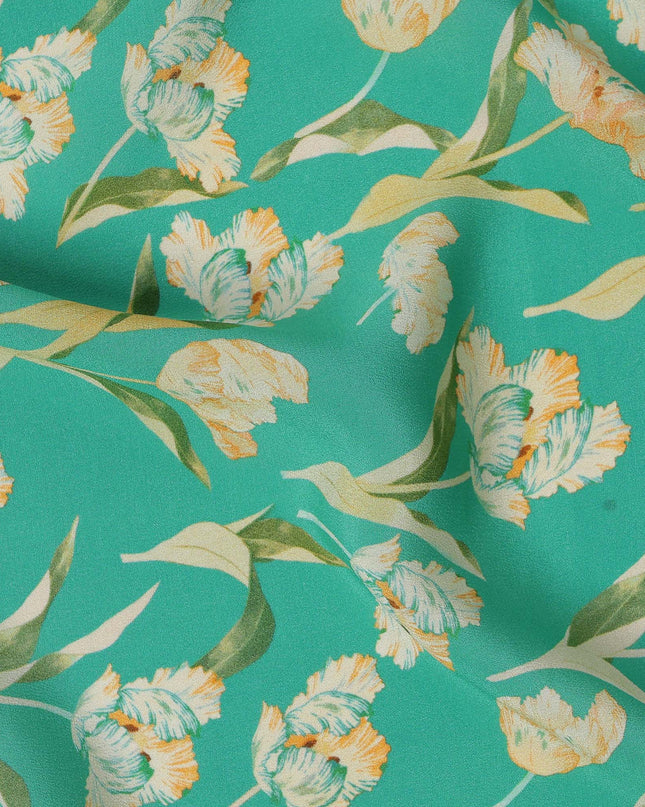 Green Floral Printed Premium Pure Silk Crepe Fabric with Elegant Yellow Blossom Design, 110 cms Width, Made in India-D26319