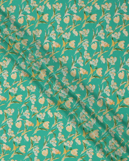 Green Floral Printed Premium Pure Silk Crepe Fabric with Elegant Yellow Blossom Design, 110 cms Width, Made in India-D26319