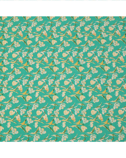 Green Floral Printed Premium Pure Silk Crepe Fabric with Elegant Yellow Blossom Design, 110 cms Width, Made in India-D26319