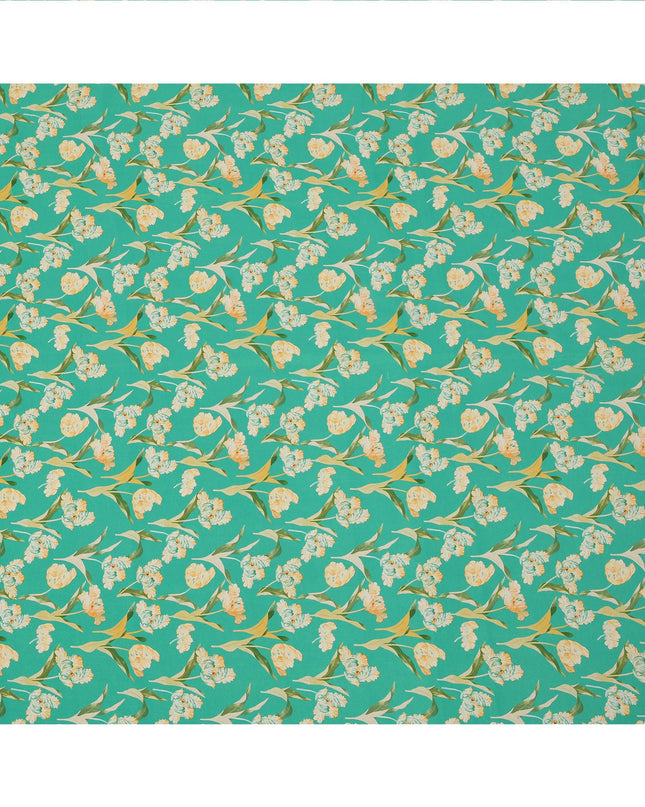 Green Floral Printed Premium Pure Silk Crepe Fabric with Elegant Yellow Blossom Design, 110 cms Width, Made in India-D26319