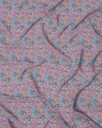 Lavender Geometric Floral Printed Premium Pure Silk Crepe Fabric with Intricate Ornamental Design, 110 cms Width, Made in India-D26318