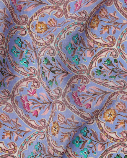 Lavender Geometric Floral Printed Premium Pure Silk Crepe Fabric with Intricate Ornamental Design, 110 cms Width, Made in India-D26318