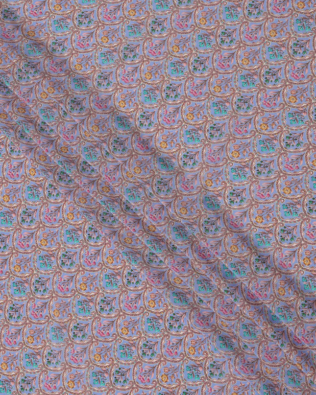 Lavender Geometric Floral Printed Premium Pure Silk Crepe Fabric with Intricate Ornamental Design, 110 cms Width, Made in India-D26318