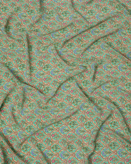 Mint Green Ethnic Motif Printed Premium Pure Silk Crepe Fabric with Intricate Paisley and Floral Design, 110 cms Width, Made in India-D26325