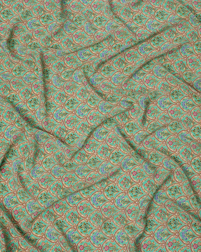 Mint Green Ethnic Motif Printed Premium Pure Silk Crepe Fabric with Intricate Paisley and Floral Design, 110 cms Width, Made in India-D26325